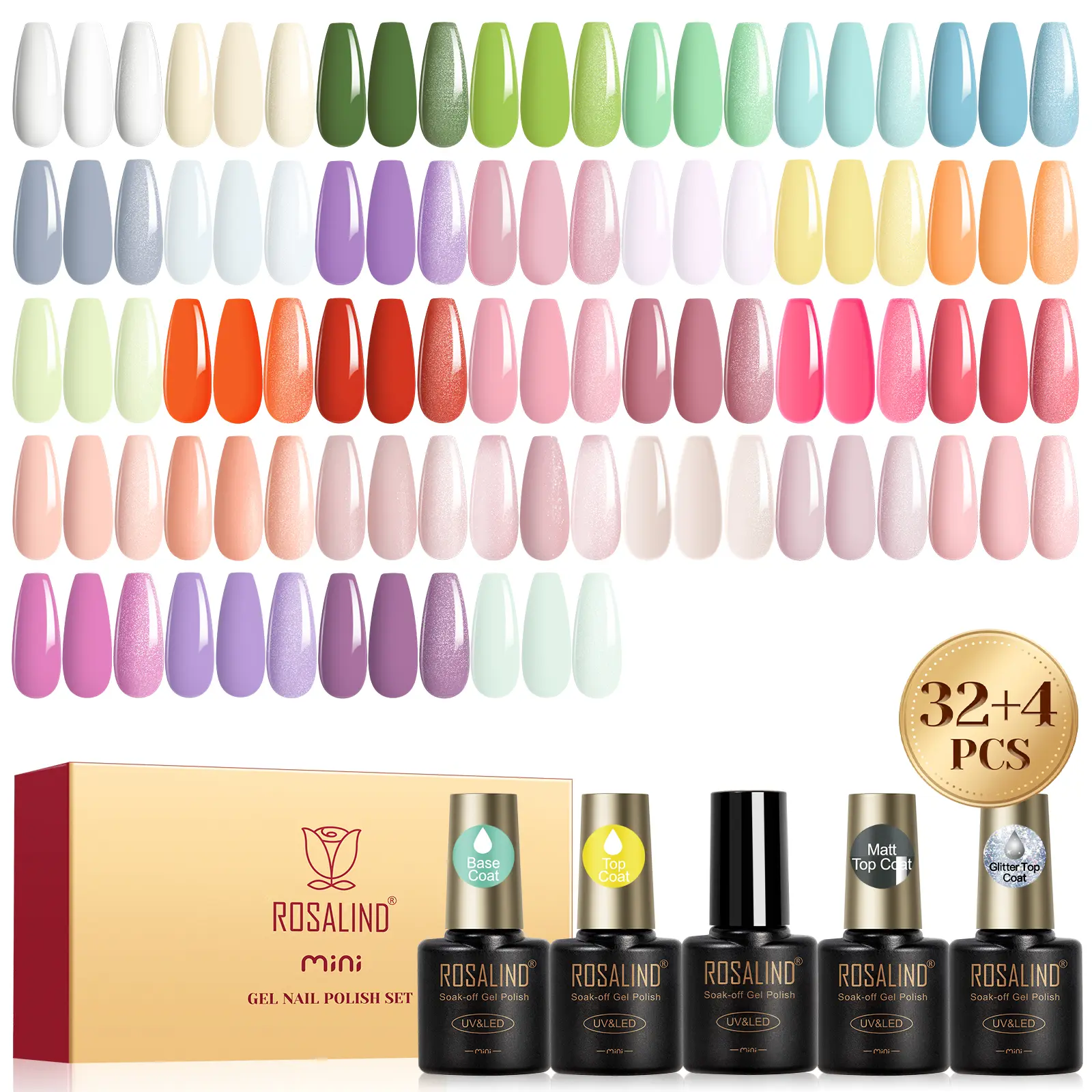 ROSALIND 32+4Pcs Gel Nail Polish Set Summer Autumn Basic Colorful Nail Gel Set Purple Clear Pink Light Color Combination All Need Uv Nail Lamp to Dry Long Lasting Easily to Diy Your Nails