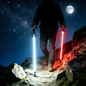 Laser Saber Style Trekking Poles - Non-Foldable Built-in LED Light Strip Hiking Sticks, Adjustable Waterproof Aircraft Aluminum with Anti-Slip Grip, Photo Ready for Night Hiking Camping Emergency Safety TikTok Shots Travel Accessory Survival Gear