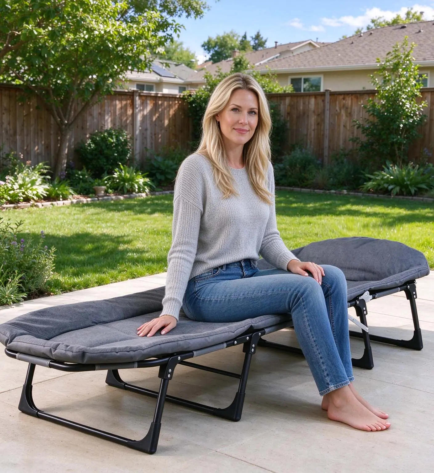 (Thin Version) American Style Folding Patio Chaise Lounge with Mattress, Ergonomic Single Reclining Bed, Portable Outdoor Camping Lounger for Patio, Garden & Office