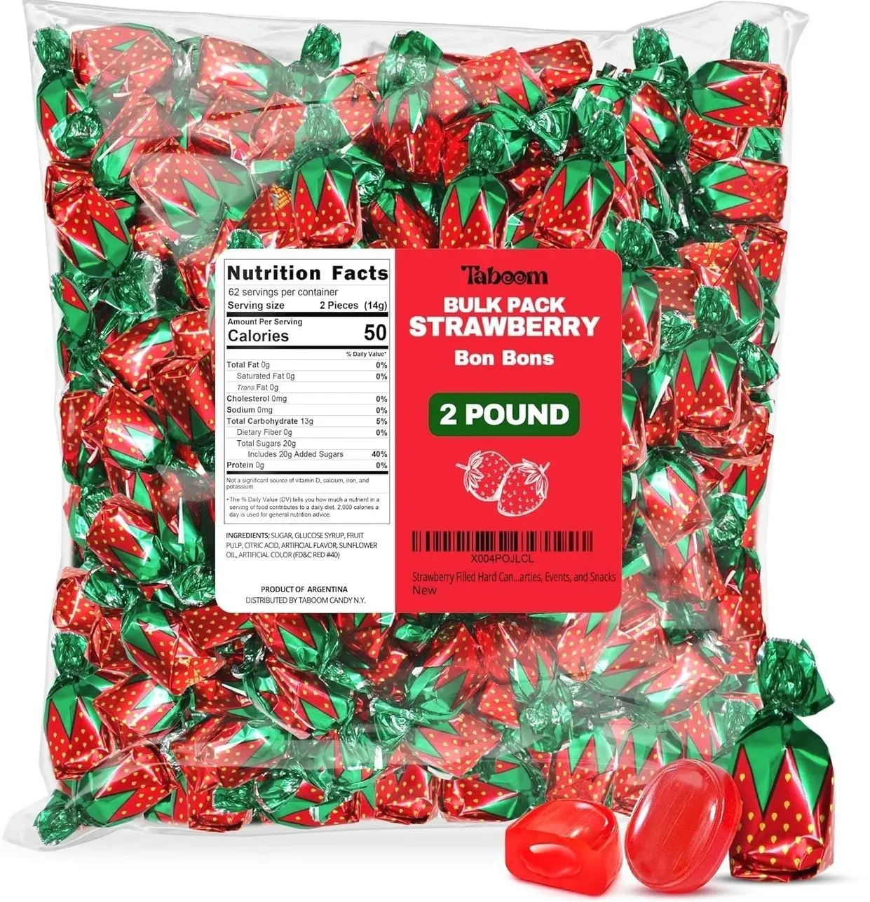 Strawberry Filled Hard Candy Bon Bons 2 lbs Bulk Pack - Individually Wrapped Christmas Fruit-Filled Candy, Classic Strawberry Hard Candy for Holiday Treats, Parties, and Snacks