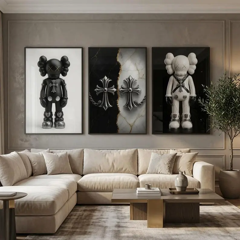 Chrome Hearts Kaws Set of 3 Poster Print Unframed, Black White Hypebeast Decor Wall Art, Gothic Luxury Decor, Silver Cross Prints, Dark Fashion Room Decor