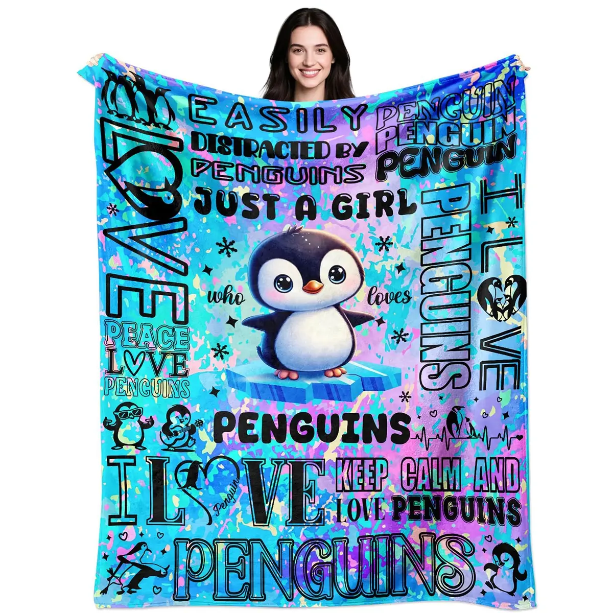 1pc Penguin Blanket Gift, Happy Blanket Gifts, Penguin Pattern Blanket, Cartoon Penguin Blanket, Slogan Print Blanket, Funny Throw Blanket, a gift for adult men and women, suitable for sofas, bedding, and flannel blankets.