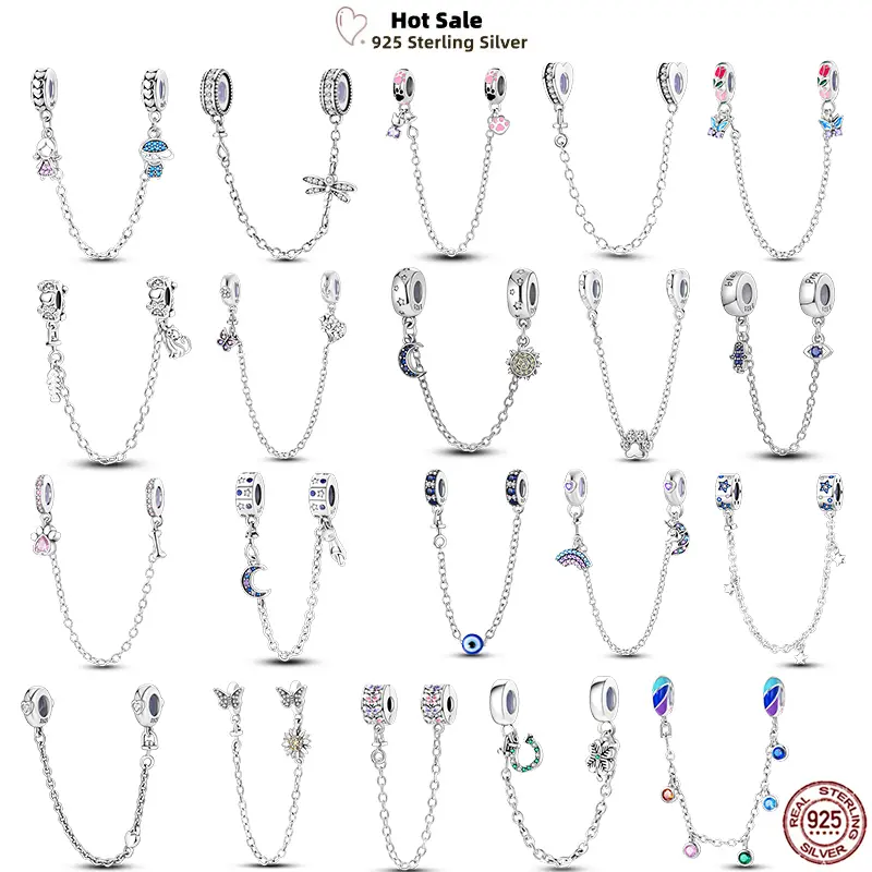 New 925 Sterling Silver Charms Buttefly Daisy Safety Chain Cat Paw Change Beads Fit Pendant Original Bracelet Ladies DIY Jewelry