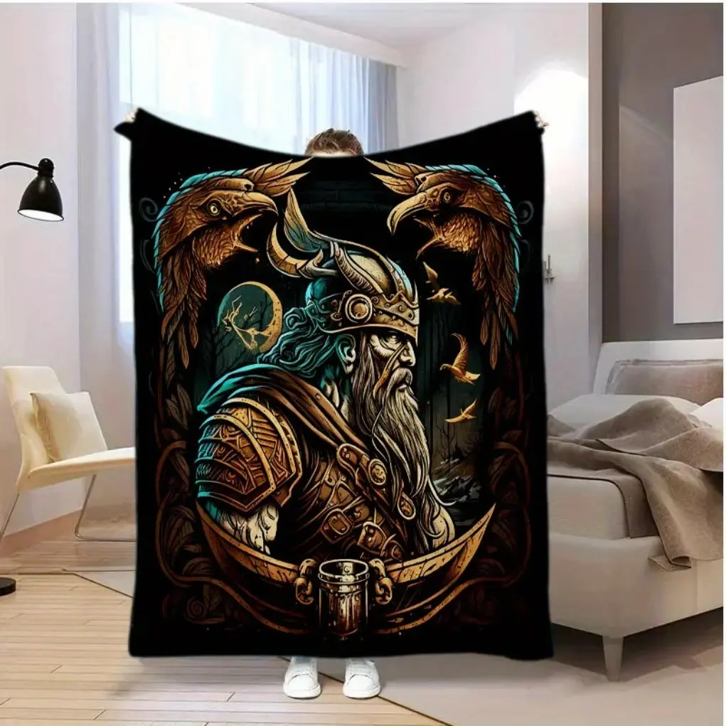 Viking Odin and the Raven Pattern Flannel printed blanket suitable for all seasons suitable for living room office sofa travel  Lightweight, skin-friendly, soft and breathable