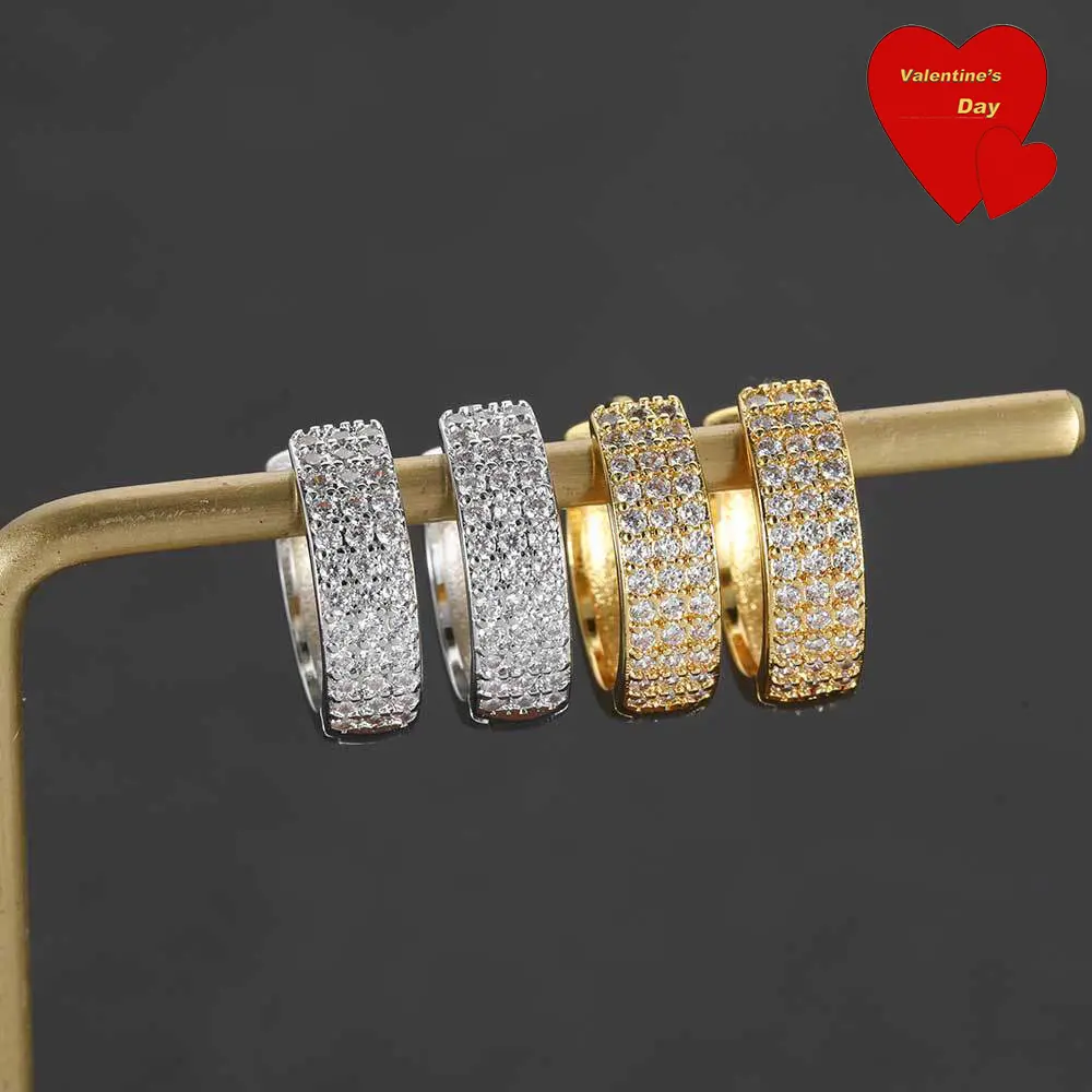 UJ Hip Hop Iced Out Hoop Earrings for Men Women, 316L Stainless Steel Square Thick Stud Earrings, 3 Row CZ Zircon Earrings, Hypoallergenic Waterproof Trendy Punk Jewelry Gift