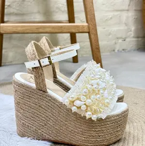 ZoLer>< Women's 12 cm Platform Sandals with Pearl Decor and Braided Design