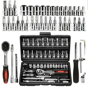 46-piece new S2 steel drill bit socket ratchet wrench set, 1/4 inch drive ratchet wrench and sockets, S2 steel screwdrivers, with extension bar, universal joint + sliding bar sockets — Suitable for professional automotive repair & home DIY