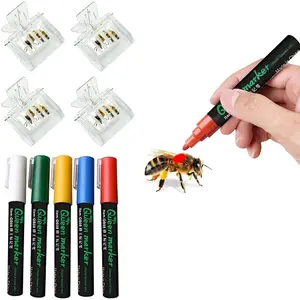 Queen Bee Marking Kit - 5 Standard Colors Marker Pen Set with 4 Clear Plastic Queen Catcher Clips, Safe Gentle Queen Bee for Beekeeping Beginners