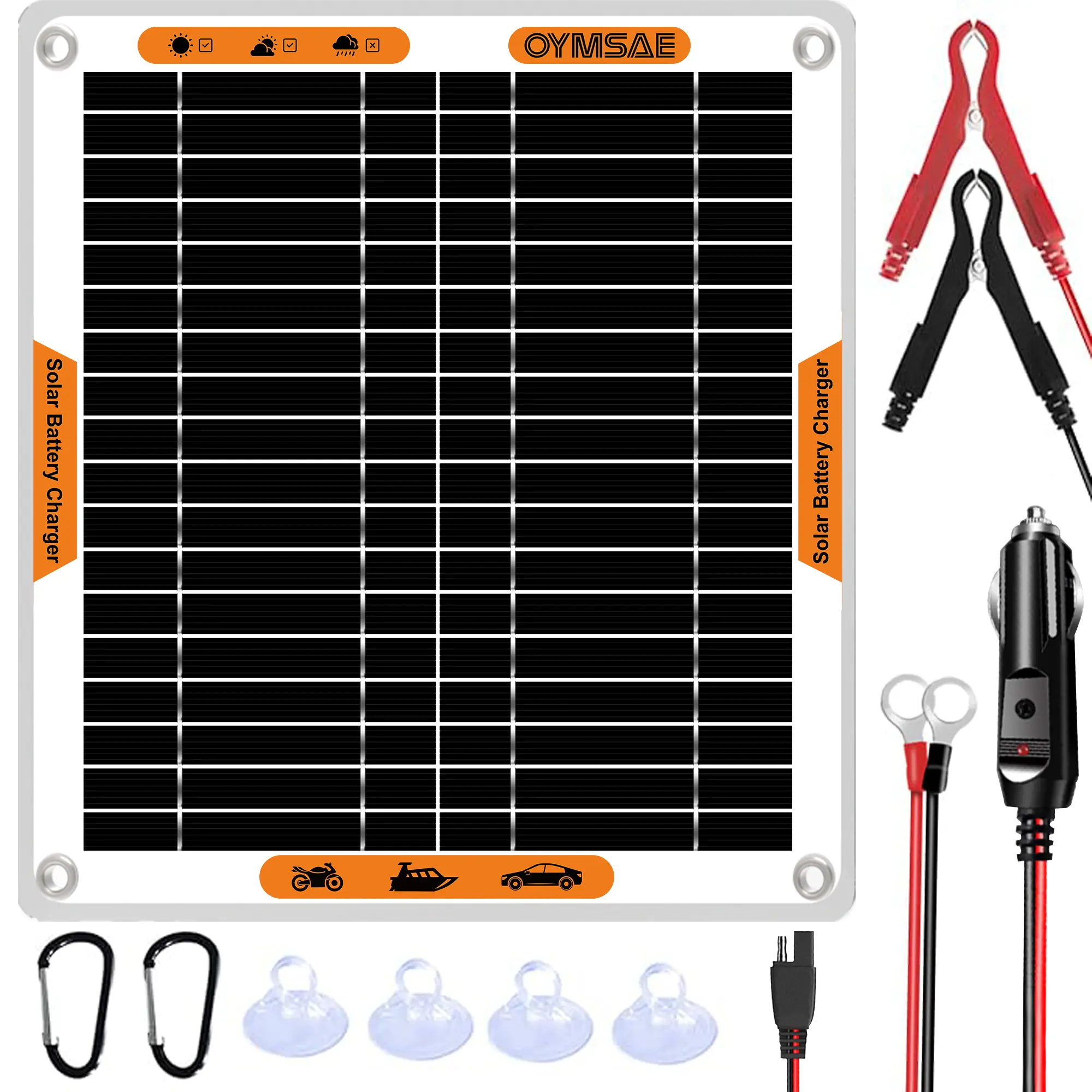 OYMSAE 5W 12V Car Solar Battery Charger Portable Waterproof Solar Battery Maintainer ，Solar Panel with Built-in Charge Controller, Cig Plug, Alligator Clips, O-Rings for Car, Truck,Tractor, Boat, etc