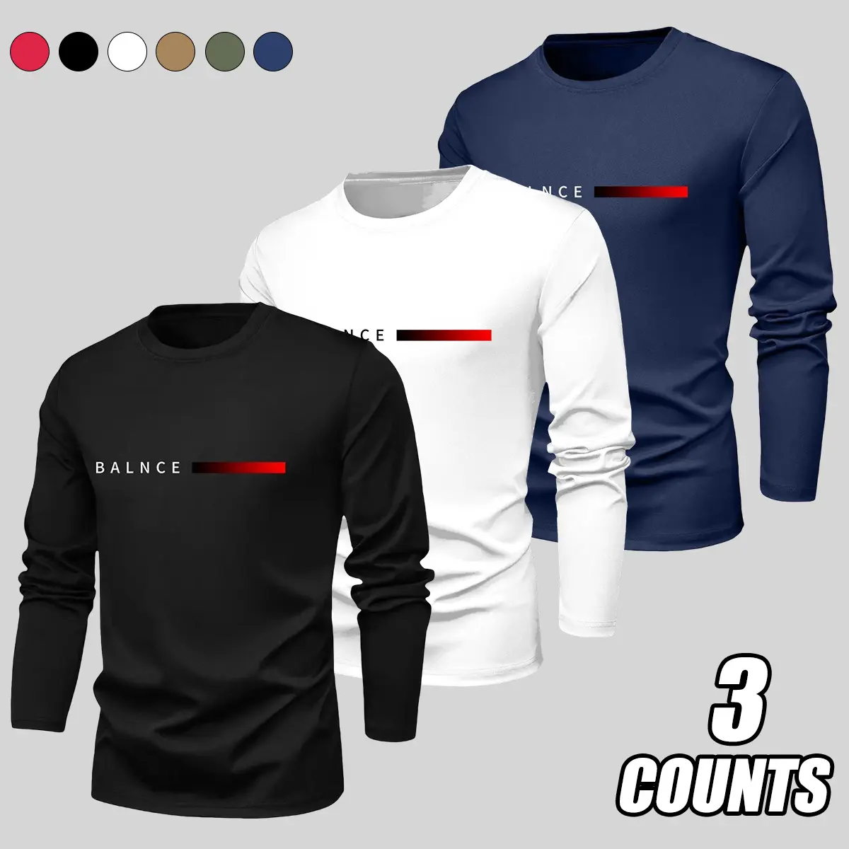 3-piece set of men’s long-sleeve T-shirts — soft fabric, multiple colors, suitable for everyday wear and gym workouts | sports T-shirt, graphic T-shirt, men’s T-shirt, fashion T-shirt