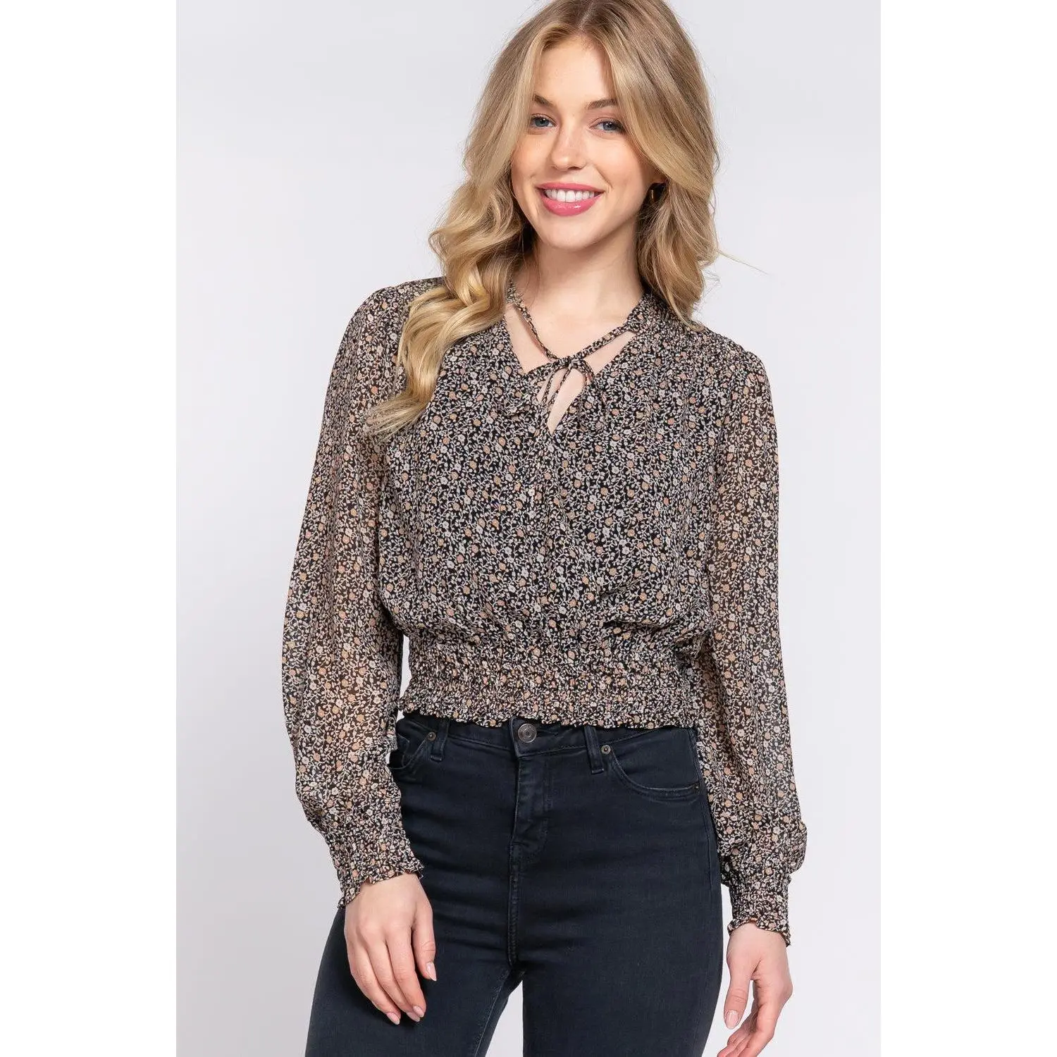 Surplice Smocked Print Chiffon Blouse in Black