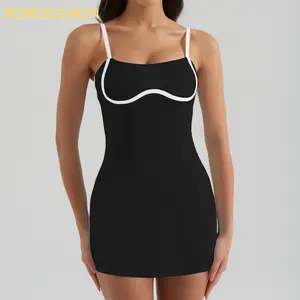 ROROLEMON Women's Color Block Tennis Dress, Built-in Bra Anti-Slip Bodycon Workout Dress for Yoga, Running & Golf