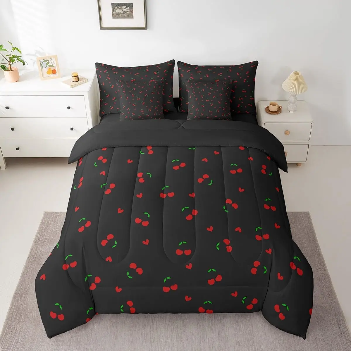 Kids Cherry Bed in A Bag,Cherry Pattern 7 Pieces Bedding Set Cute Fruit Comforter Set with Sheets Kawaii Cartoon Fruit Bed Set Bedroom Decor 7Pcs