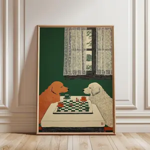 Golden Retrievers Chess Poster, Woodblock Style Print