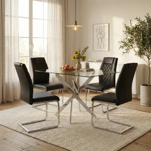 Black+Glass+Metal + PU Leather + Dining Room