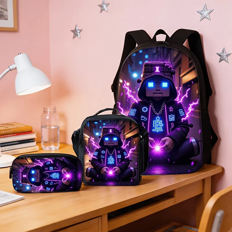 Durable Water Resistant 3-Piece Backpack Set for Kids, Lightweight School Bag with Lunch Box & Pencil Case, 600D Oxford Cloth with Cool Neon Block-Style Character Print, Padded Breathable Straps & Mesh Back, 15-inch Laptop Compartment, Insulated Lunch Bag