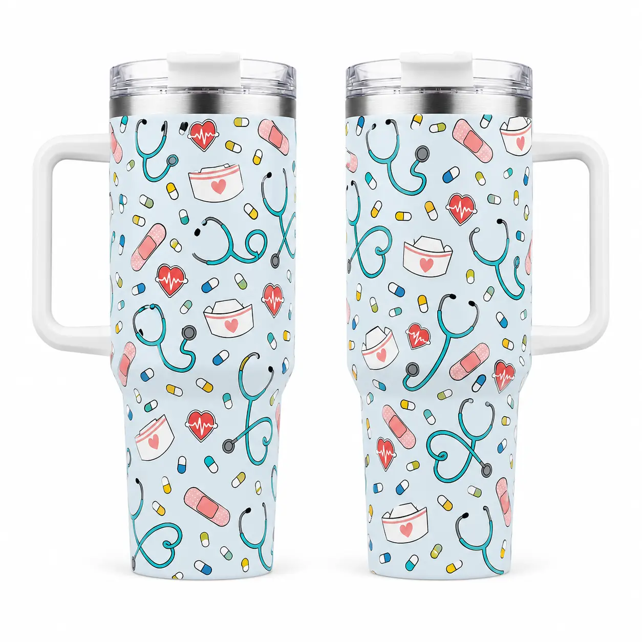 Nurse 40oz Stainless Steel Insulated Tumbler with Handle and Straw, Stethoscope Bandage Pill and Heartbeat Printed Travel Cup, Gift for Nurses