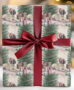 Mastiff Christmas Wrapping Paper: Santa Hat Dog, Holiday Tree