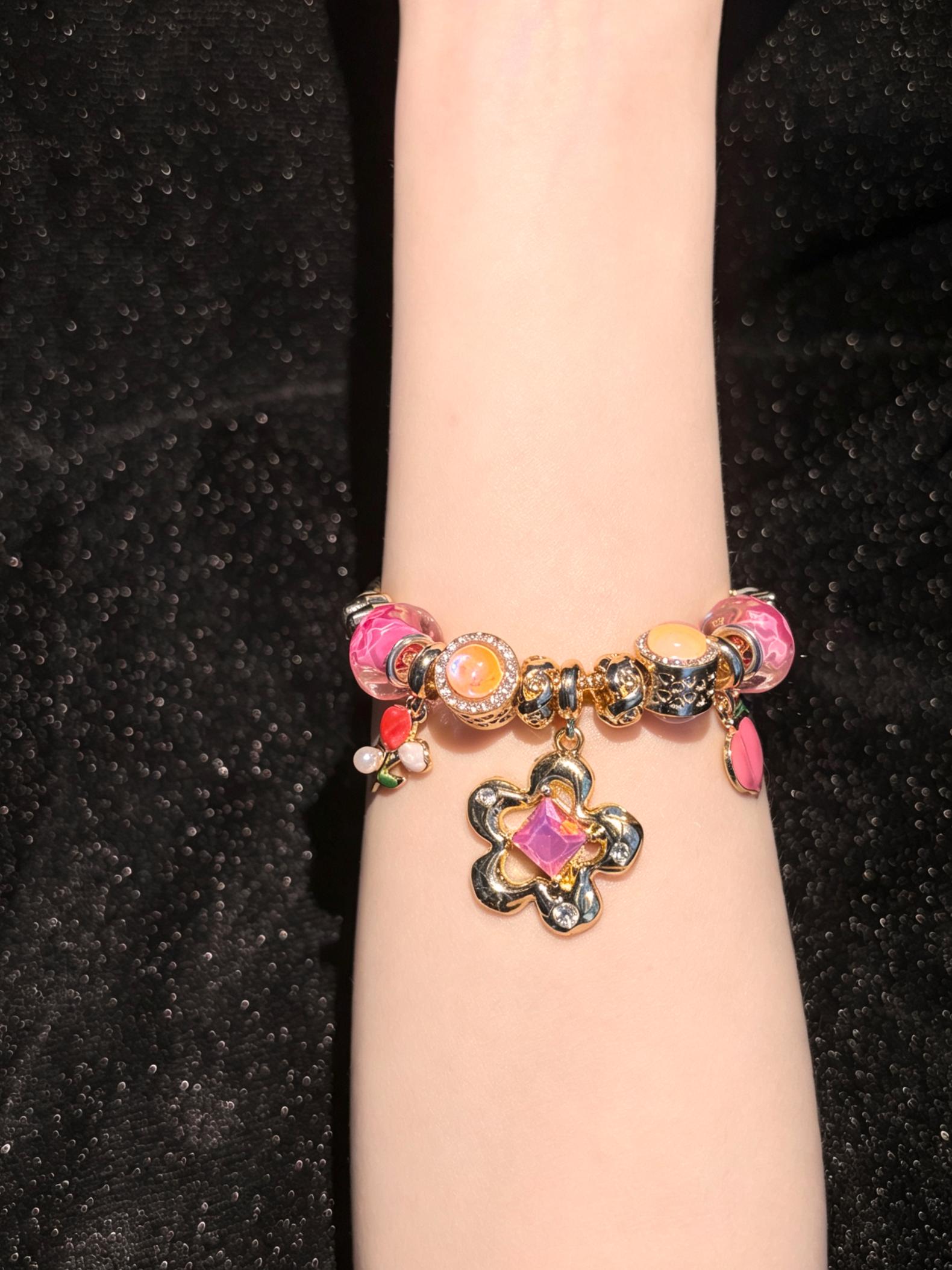 Gold-Tone Snake Chain Charm Bracelet with Clover, Peach Flower & Murano Glass Beads - Stackable Costume Jewelry Gift for Women