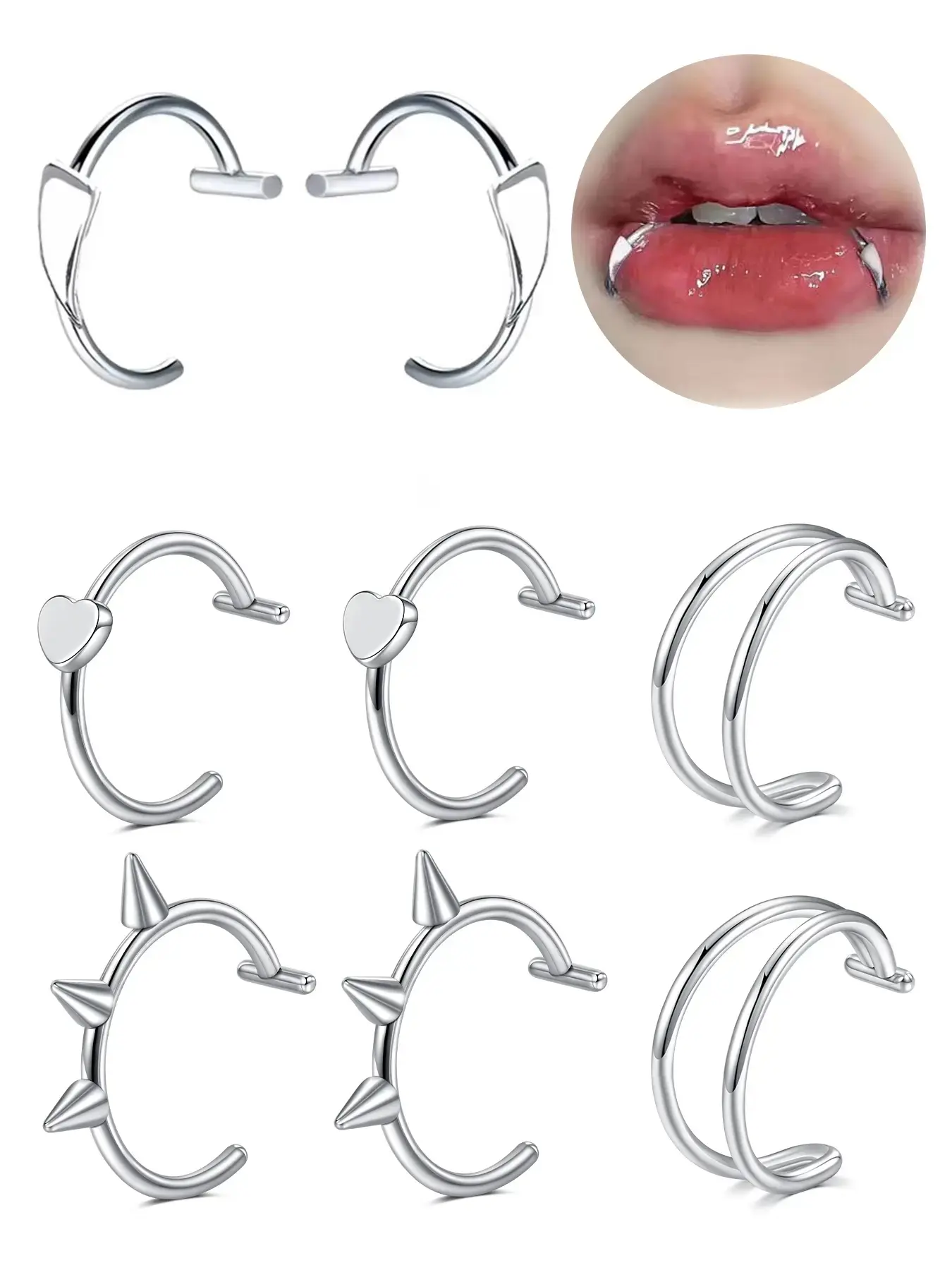Adjustable Stainless Steel Fake Lip Rings, Non-Piercing Fake Lip Piercing Lip Cuff Labret Jewelry for Women & Men Halloween Mouth Jewelry