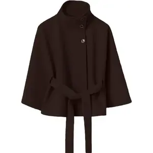 Women's Double Breasted Wool Coat - Batwing Sleeve Poncho Pea Coat with Belt, Elegant Stand Collar Fall Outerwear Casual Jacket Womenswear