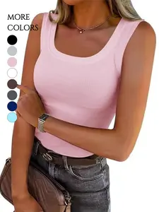 2026 Women Sleeveless Square Neck Crewneck Rib Knit Slim Fit Shirt, Basic Tee Summer Casual T-Shirt, Trendy Soft Clothing, Breathable Sleeveless Tops
