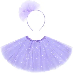 KF5-CPA026 2Pcs Girls Tutu Skirt 3 Layers Sequined Tulle Skirt for Girls Aged 4-12,with Headband for Birthday Halloween Cosplay Party