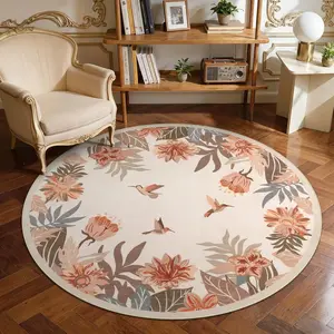 Floral Round Rug 4ft for Entryway - Washable Circular  Boho Rug for Bedroom, Non Slip Small Rugs Circle Carpet for Dining Room Kitchen Table Flower Print Decor(Beige,Round 4')