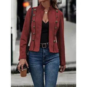 Solid Double Breasted Decor Jacket, Vintage Long Sleeve Outwear Spring & Fall, Women's Clothing