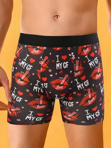 Men's I Love My GF Lip Print Briefs, Romantic Fun Unique Underwear, Breathable High Stretch Milk Silk, Boyfriend Valentine's Gift