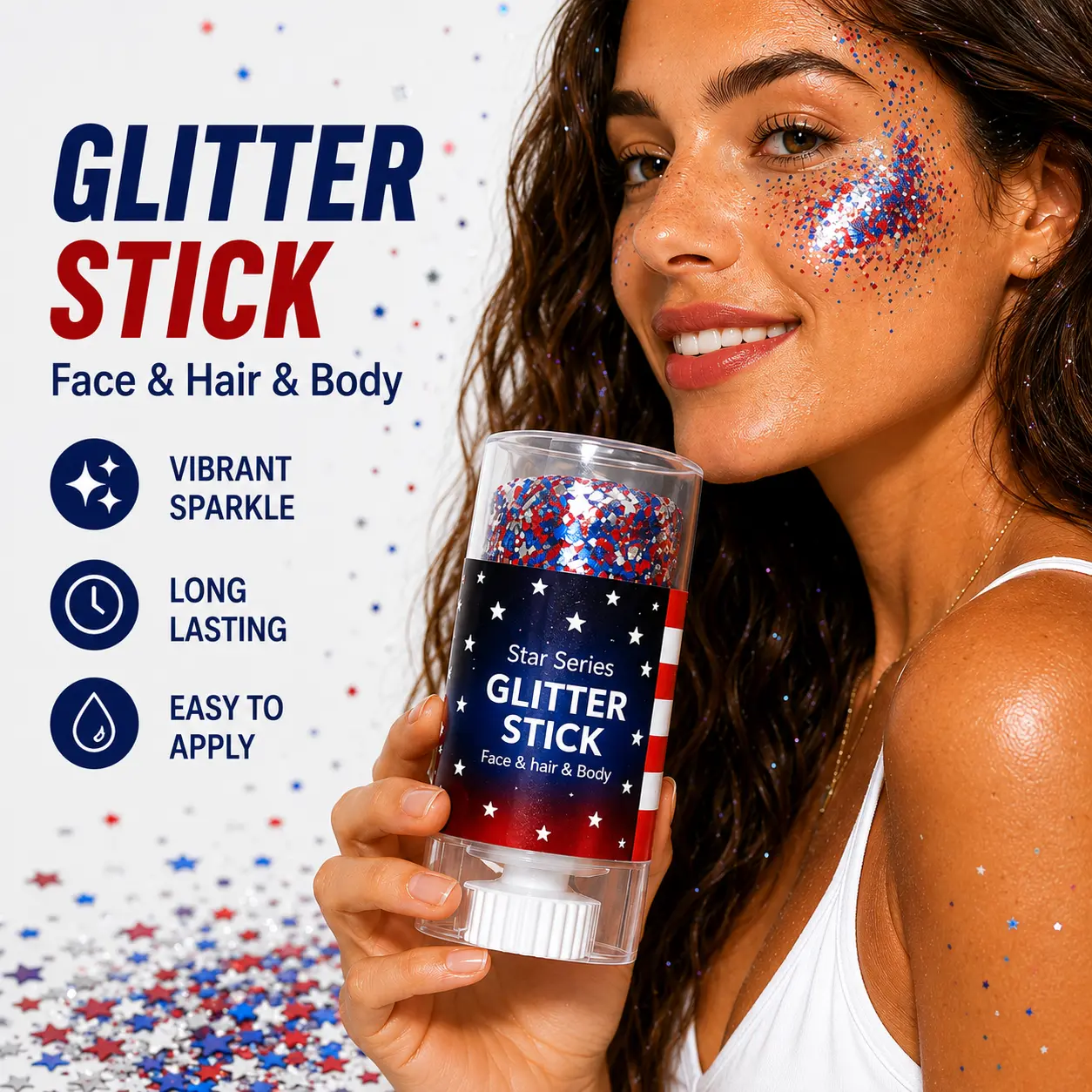 Self-Adhesive Glitter Stick for Face, Hair & Body | Red White & Blue Chunky Star Glitter | Waterproof Long-Lasting Sparkle for Concerts, Festivals, Party & Game Day Makeup