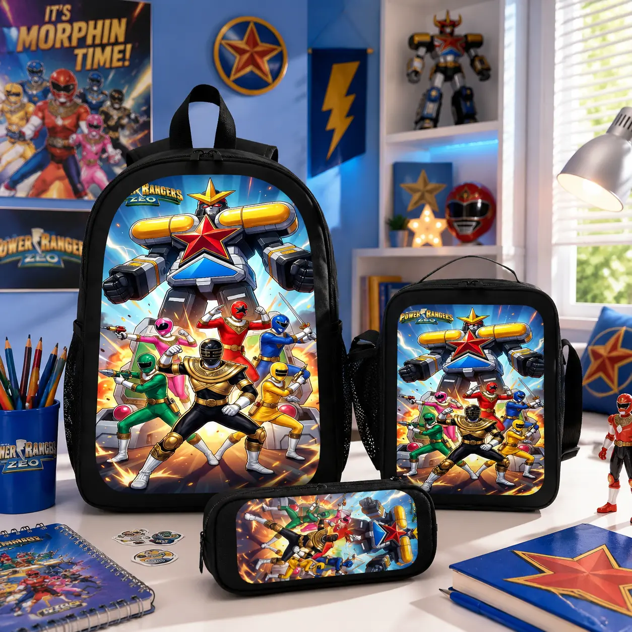 Mighty Morphin Power Rangers Cartoon Backpack Set 3 Piece Backpack Lunch Bag Pencil Case Travel Backpack Set Back To School Gift Summer Essential Anniversary Gift Cartoon Backpack Set for Power Rangers Style