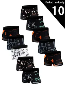 10-Pack Men's Boxer Briefs, Random Geometric Patterns, Trendy Ice Silk Print, Thin Fitted Preppy Aesthetic Style, Comfortable Underwear, Underwear Boxers Set, Stretchy Underwear, Summer Briefs