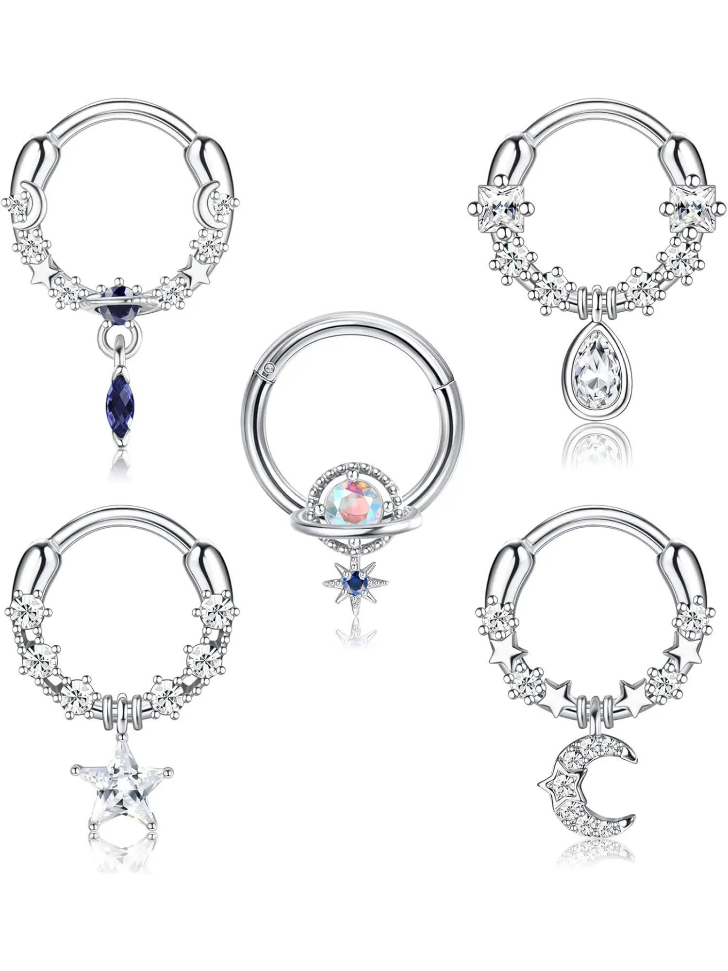 5 Pcs 16G Dangle Septum Rings for Women CZ Septum Nose Rings Dangle Septum Jewelry Blue Planet Moon Star Daith Earrings Cartilage Helix Piercing Jewelry Body Piercing Jewelry Silver 8mm
