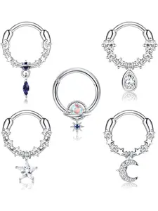 5 Pcs 16G Dangle Septum Rings for Women CZ Septum Nose Rings Dangle Septum Jewelry Blue Planet Moon Star Daith Earrings Cartilage Helix Piercing Jewelry Body Piercing Jewelry Silver 8mm