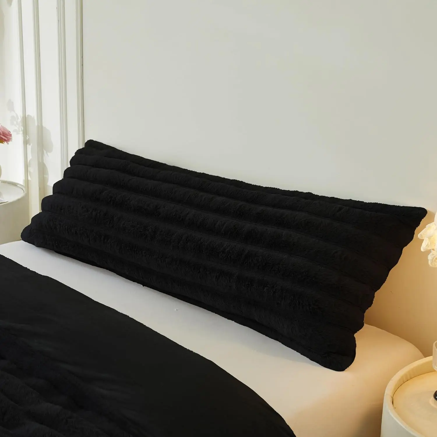 Women's Black Ribbed Striped Faux Rabbit Fur Body Pillow Cover, Cozy Plush Zippered Long Bolster Pillowcase, 20x54 in for Bed, Sofa & Room Decor, Soft Home Accessory, Bed And Sofa