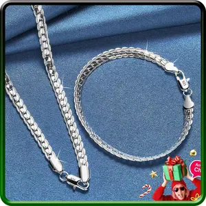 New  Silver Plated 2 Pieces Full Sideways Chain Necklace Bracelet For Women Men Fashion Jewelry Sets Wedding Gift necklaces for women cross necklace cuban link chain chains for men