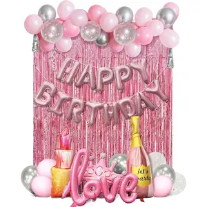 Pink Birthday Party Decorations Set for Women,Happy Birthday Letter Balloon Banner,Foil Balloons,Crown Balloon,Confetti Balloons and Fringe Curtain for Happy Birthday Party Supplies