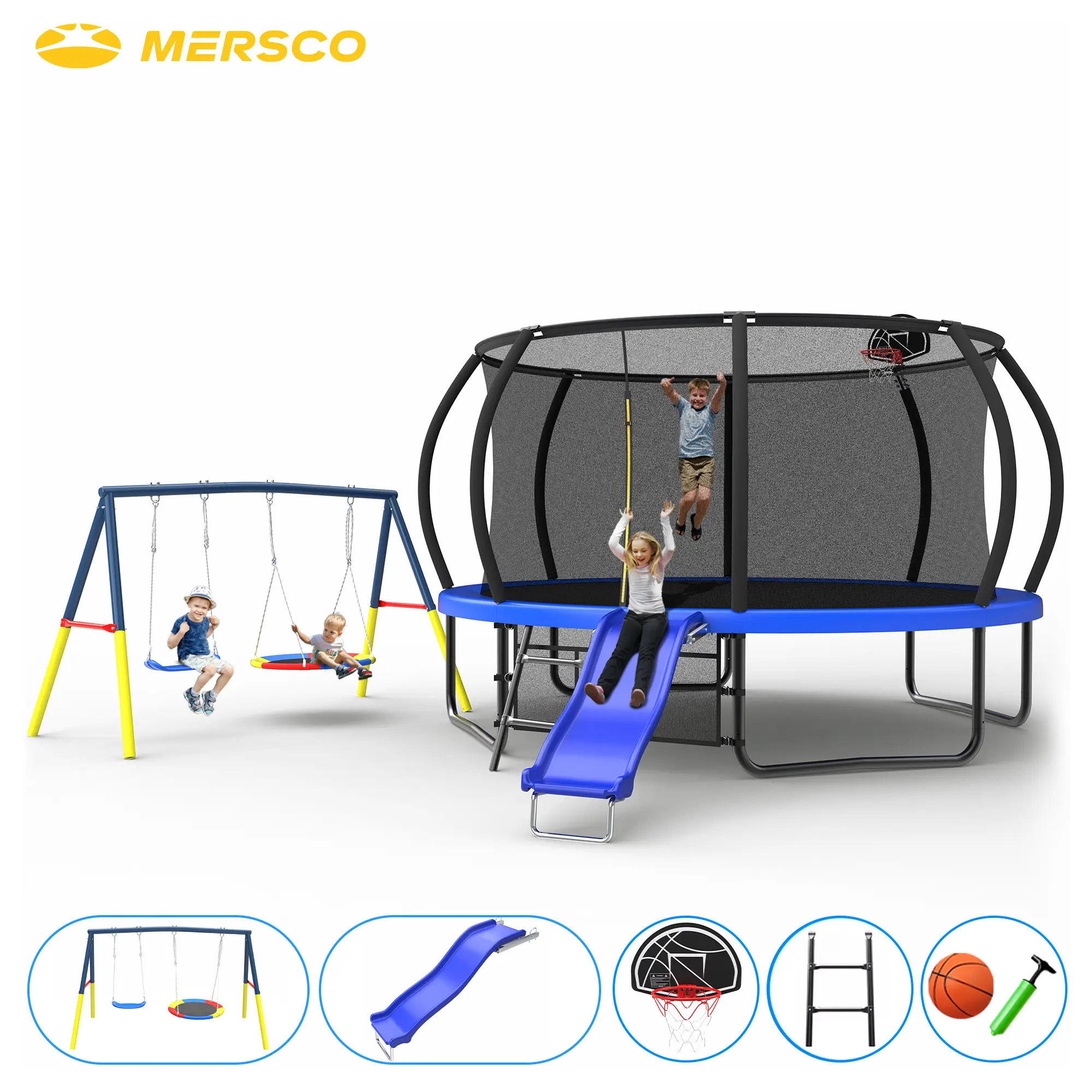 Mersco 12FT Round Blue Kids' Trampoline - Outdoor Sports Combo with Safety Net, Slide, Swing, Basketball Hoop for 12 Months+ Kids, Holidays, Birthdays, Outdoor Play & Family Bonding, Round Shape, High-Bounce Outdoor Trampolines