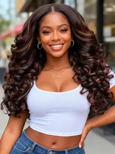 Yaki Curly Wave V Part Wig Highlights U Part Synthetic Glueless Wigs for Black Women 24 Inch Heat-Resistant Wig Natural Looking for Daily Use