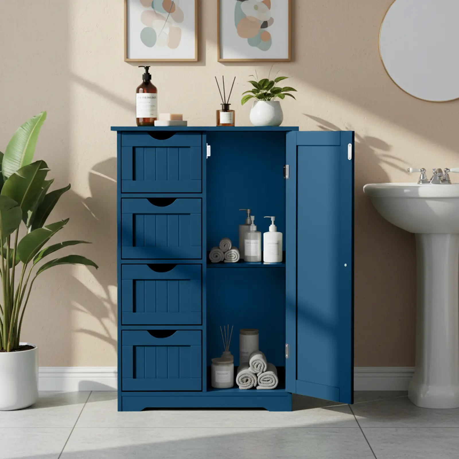 Sturdy Navy Blue Modern Bathroom Cabinet - Durable Flat-Pack MDF Laminates with Paint Finish, Space-Saving Tall Slender Design, Vertical Stripes, 4 Drawers, 1 Door, Stable Structure, Assembly Required, 56x30x82.5cm
