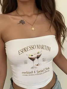 Viral Espresso Martini Graphic Strapless Bandeau, Y2K Aesthetic Slim Fit, Fitted Stretchy Knit Crop Top, Trendy Cocktail Social Club Print Tube Top for Girls Night Out, Going Out Fits, Y2K Going Out Top with Retro Cocktail Bar, Fashion, Womenswear, Summer