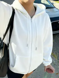 Women's Fashion Fall Winter Drawstring Hoodie Sweatshirts Long Sleeves, Plain Zipper Jacket Coat, Versatile Loose Fit Casual Top, Ladies' Stylish Outerwear