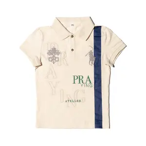 Praying Women's Casual Navy Striped Polo Shirt, Beige-Navy Stripe Collared Neck Shortsleeve Top, Printed Cigarette Box Design Clothes