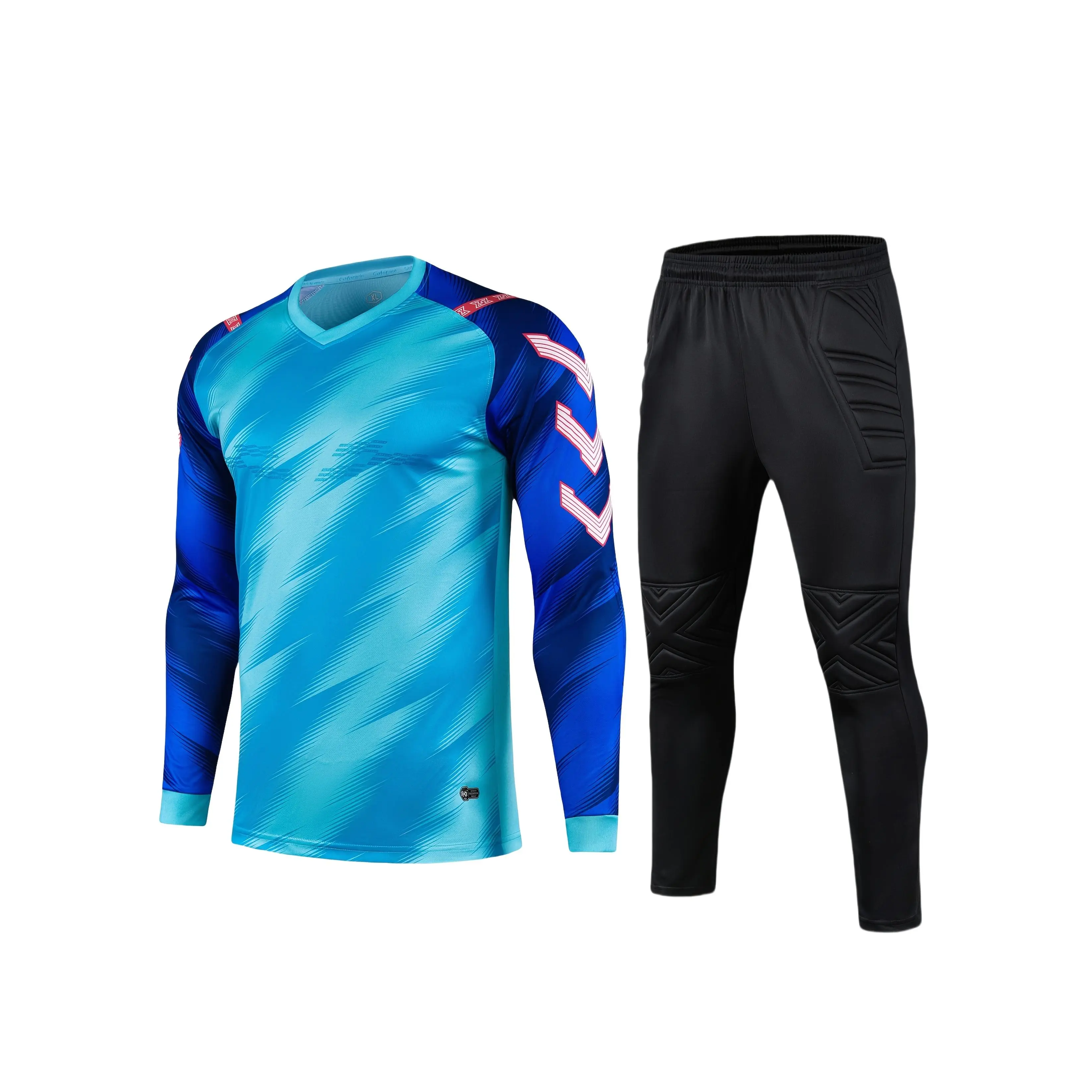 Men's Goalkeeper Soccer Uniform, 2-Piece Sports Jersey and Pants Set, Geometric Color Block with Padded Elbows, Skinny Fit for Training & Football Party, Unity Day, Goalkeeping, Athletic Gym Tops, Slim Cut