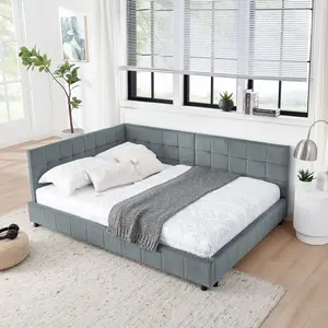 Full Size Upholstered Tufted Bed Frame, Sofa Bed Frame with Comfortable Backrest and Armrests, Full Size Bed for Bedroom, Living Room,Velvet, Grey