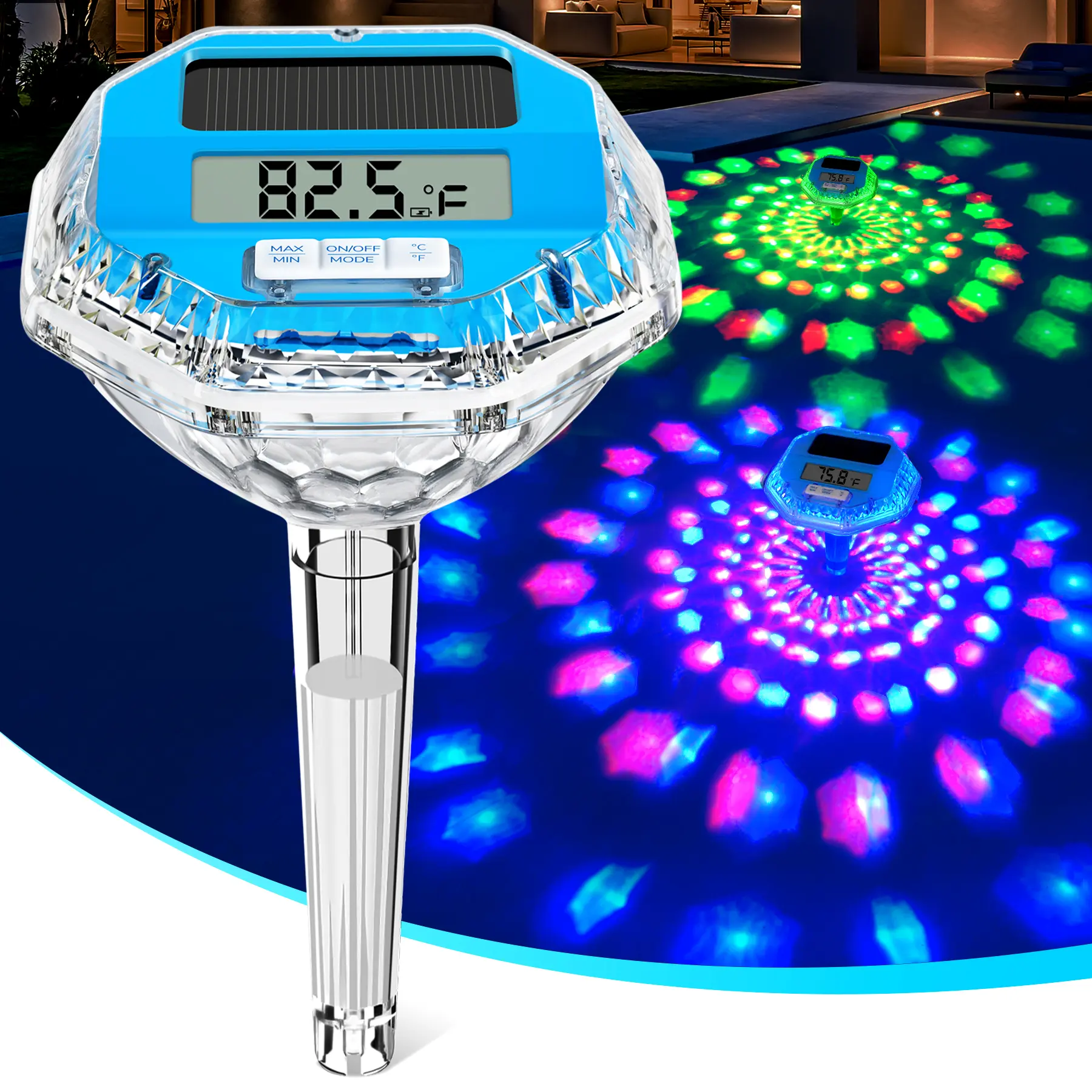 Solar Floating Pool Thermometer with Colorful LED Light Show, Large LCD Digital Temperature Display, Outdoor Swimming Pool Accessory for Hot Tubs & Spas, Swimming Pool Accessories, Ambient Lighting, Illuminated Pools Thermometers, Auto Charge