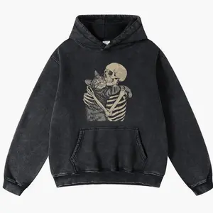 Skeleton Hugging Cat Hoodie Womenswear Vintage High-Quality Crew Neck oversized loose Fit Cotton Fabric Casual Comfort Windproof Warm Funny Long Sleeve Sweatshirt Fashion for Men and Women Top Daily Wear 102012 H