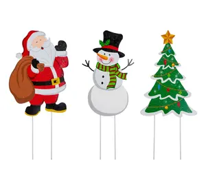 Glitzhome Santa Snowman Christmas Tree Yard Stake Trio S/3