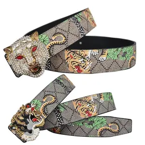 Western Tiger Print Leather Tiger Rhinestone Dragons Snake Alloy Buckle Jeans Causal Pants Men Belt